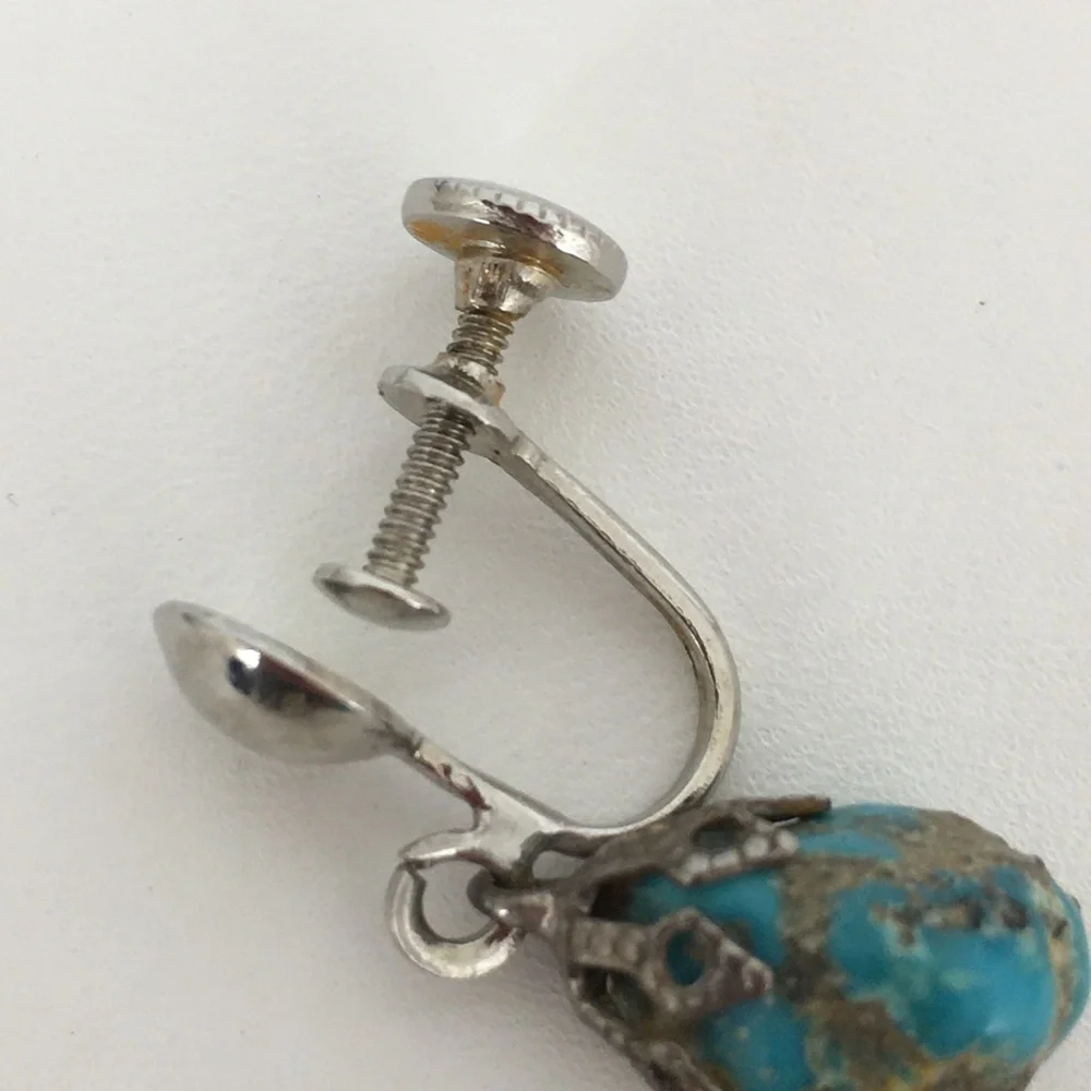 Vintage Screw Back Blue Moon Turquoise Dangle Earrings Silver Tone Filigree